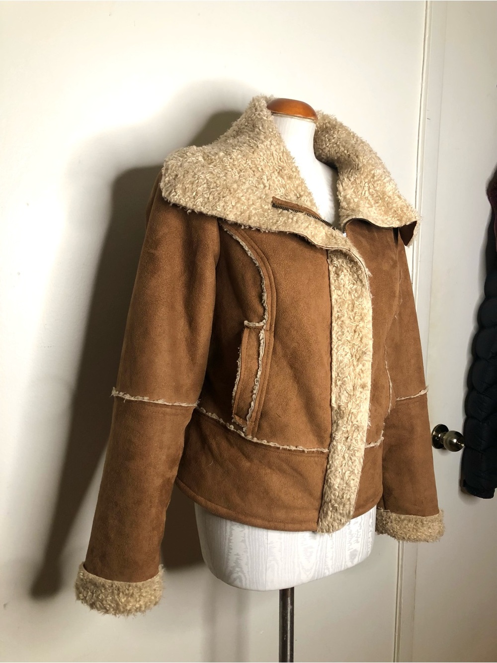 Women’s Tan Shearling-Trim Suede Jacket